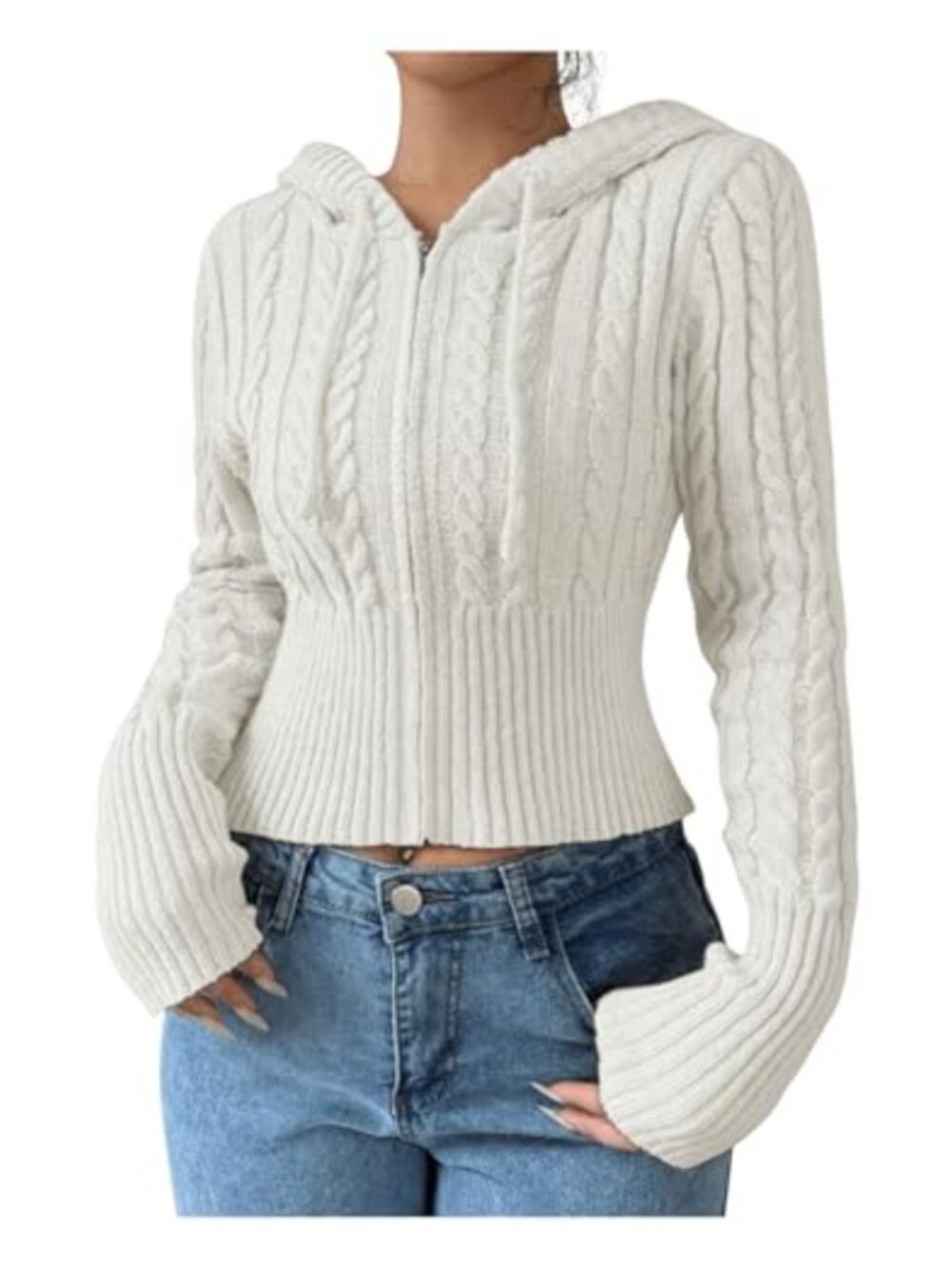 Cable Knit Crop Cardigan Sweater Zip Up Hoodie Long Sleeve Y2k
